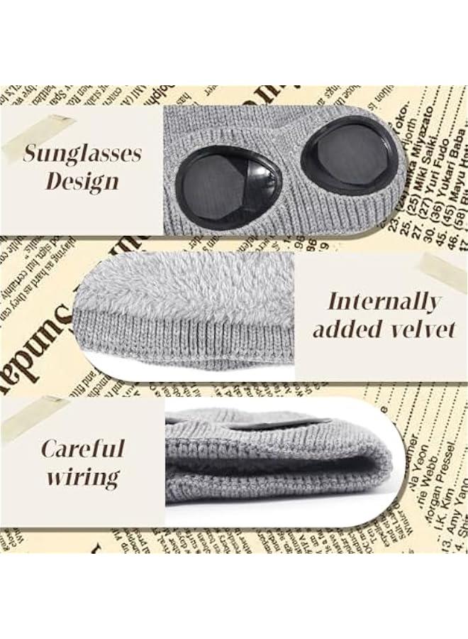 Uni Knitted Goggles Beanie,Solid Color Lens Design Hat Warm Winter Hat Outdoor Sports Cap Stretchy Beanie