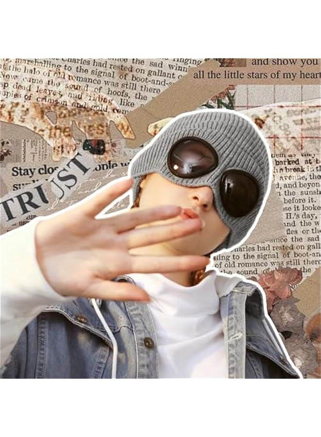 Uni Knitted Goggles Beanie,Solid Color Lens Design Hat Warm Winter Hat Outdoor Sports Cap Stretchy Beanie