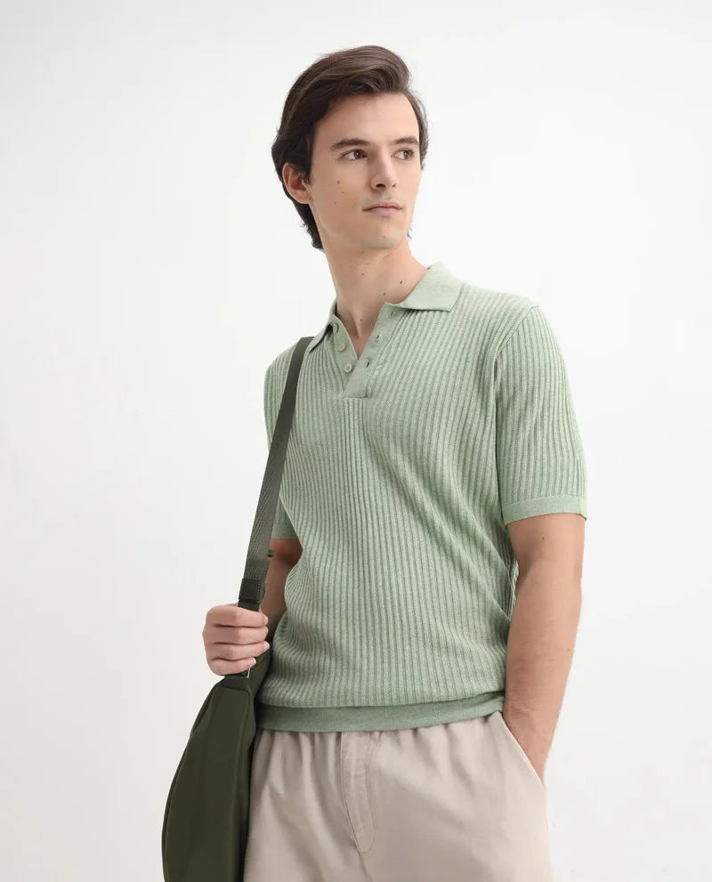 Rare Rabbit Rare Rabbit Men Devr Light Green Cotton Tencel Fabric Short Sleeve Button Closure Textured Polo