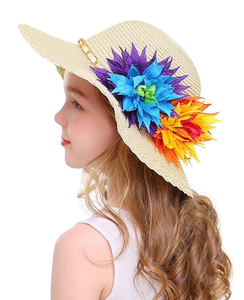 Bienvenu Kids Girls Multi-Colors Large Brim Flower Beach Straw Sun Hats,Beige - Image 3