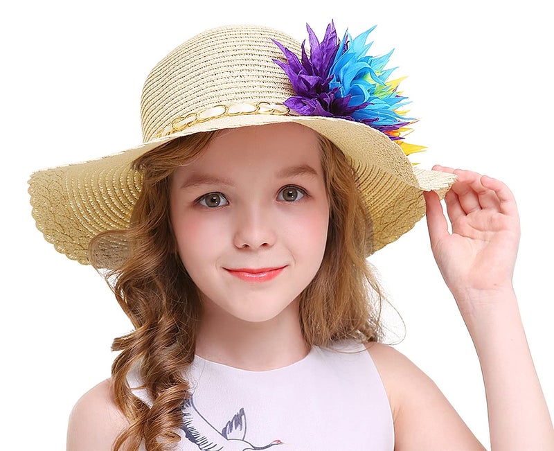 Bienvenu Kids Girls Multi-Colors Large Brim Flower Beach Straw Sun Hats,Beige - Image 4