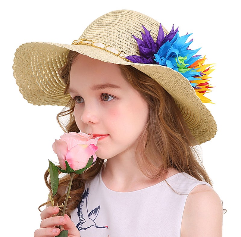 Bienvenu Kids Girls Multi-Colors Large Brim Flower Beach Straw Sun Hats,Beige - Image 1