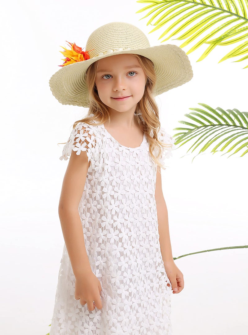 Bienvenu Kids Girls Multi-Colors Large Brim Flower Beach Straw Sun Hats,Beige - Image 2