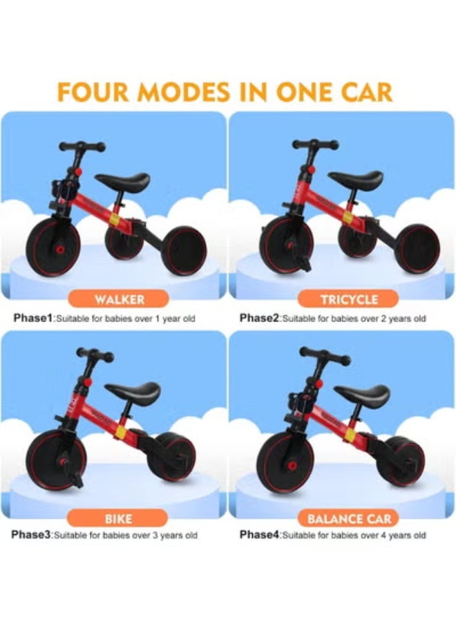 TIGER 4-in-1 Kids Balance Bike & Tricycle – Adjustable Seat & Pedals Toddler Ride-On for 1–4 Years, Indoor & Outdoor Baby Trike for Boys & Girls, Ideal First Birthday Gift for Active Play and Early Learning – Red - Image 3
