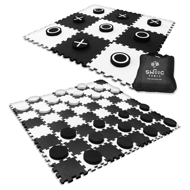Swooc GamesÂ® - 2-in-1 Premium Giant Checkers & Tic Tac Toe Game (4ft x 4ft) - 100% High Density EVA Foam Mat & Pieces - Extra Large Checkers Set with Jumbo Checkerboard and Yard Size Tic Tac Toss