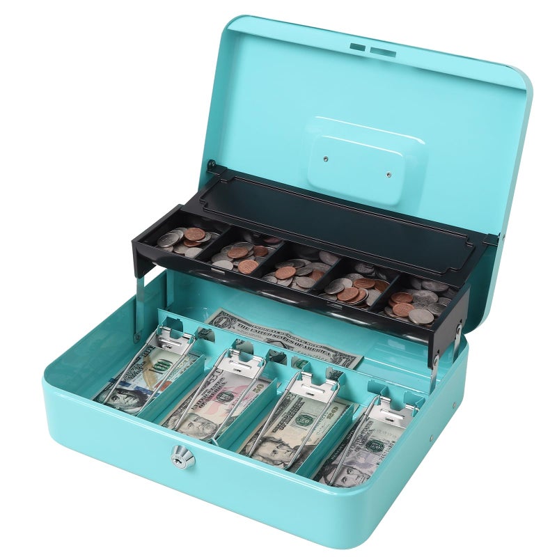 Jssmst Locking Metal Cash Box with Coin Lid, 11.8L x 9.5W x 3.5H Inches, Safe Money Box with Key Lock, Light Blue, SM-CB0519LB - Image 1