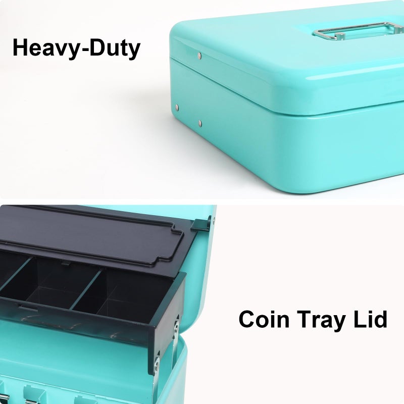 Jssmst Locking Metal Cash Box with Coin Lid, 11.8L x 9.5W x 3.5H Inches, Safe Money Box with Key Lock, Light Blue, SM-CB0519LB - Image 4