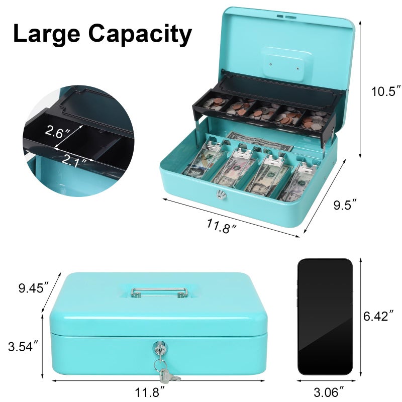 Jssmst Locking Metal Cash Box with Coin Lid, 11.8L x 9.5W x 3.5H Inches, Safe Money Box with Key Lock, Light Blue, SM-CB0519LB - Image 2
