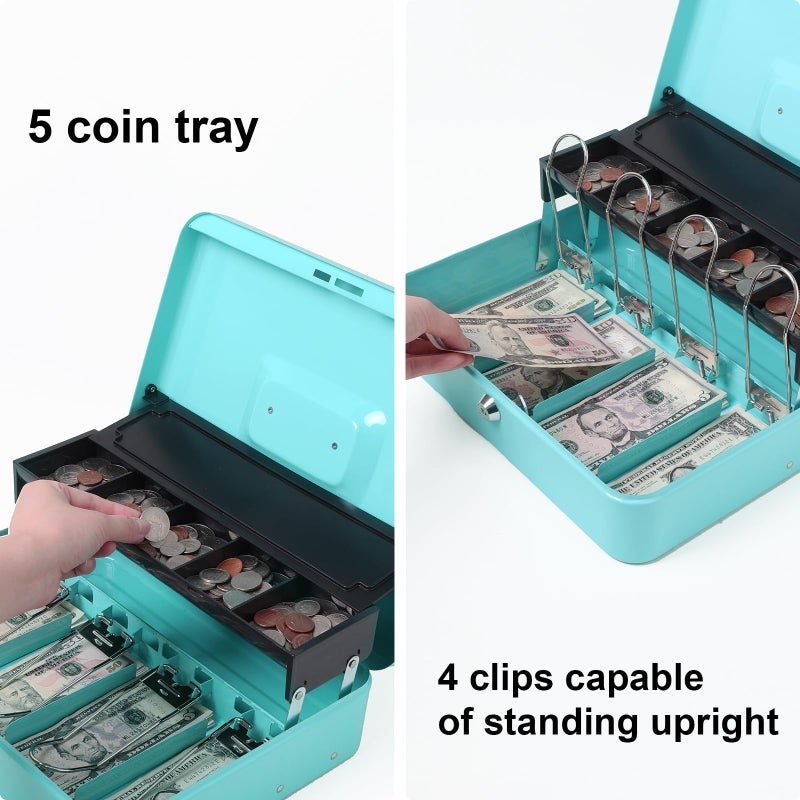 Jssmst Locking Metal Cash Box with Coin Lid, 11.8L x 9.5W x 3.5H Inches, Safe Money Box with Key Lock, Light Blue, SM-CB0519LB - Image 3