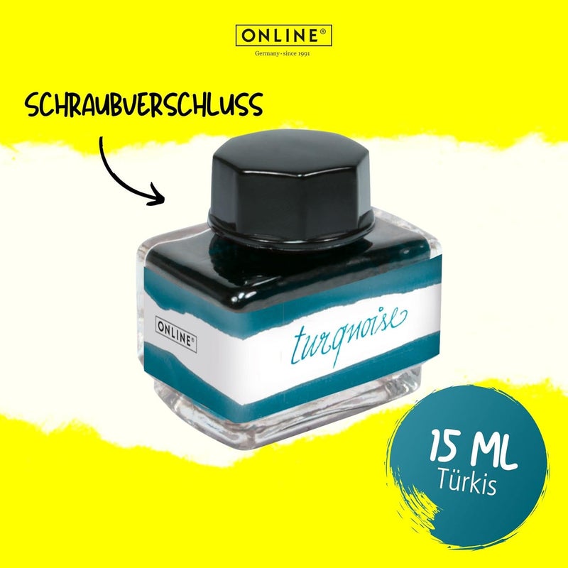 Online Turquoise Ink Glass 15 ml, Colourful Fountain Pen Ink for Calligraphy, Hand Lettering, Writing Ink, Ink Bottle Converter, Refill Ink on Water-Based, 17131/3 - Image 2
