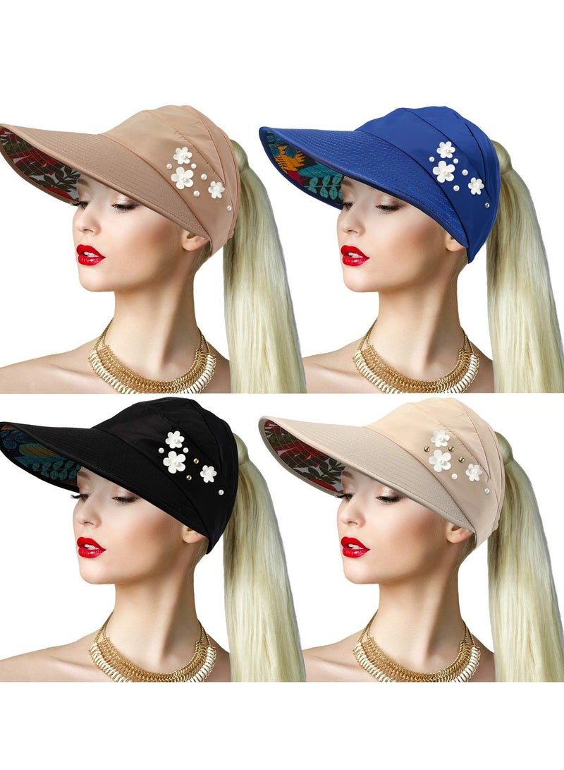 KASTWAVE Sun Hats for Women Wide Brim, Summer Beach Hat UV Protection Sun Ray, Foldable Visor Floppy Adjustable Ponytail Hat for Hiking Camping Fishing Safari (Pack of 4) - Image 1