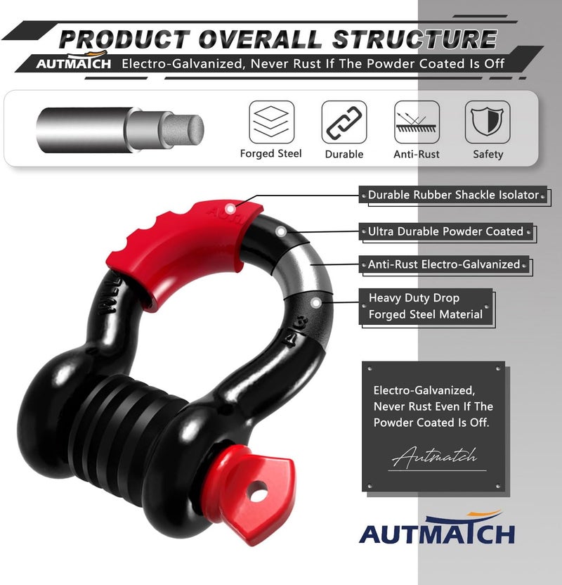 AUTMATCH D Ring Shackle 3/4" Shackles (2 Pack) 41,887Ibs Break Strength with 7/8" Screw Pin and Shackle Isolator Washers Kit for Tow Strap Winch Off Road Vehicle Recovery Black & Red - Image 4