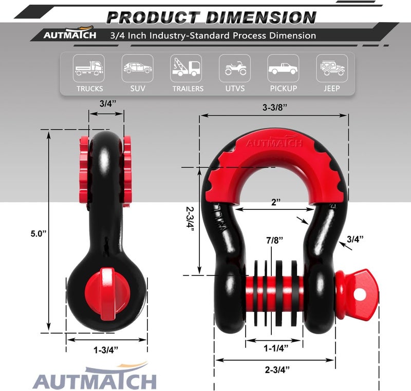 AUTMATCH D Ring Shackle 3/4" Shackles (2 Pack) 41,887Ibs Break Strength with 7/8" Screw Pin and Shackle Isolator Washers Kit for Tow Strap Winch Off Road Vehicle Recovery Black & Red - Image 3