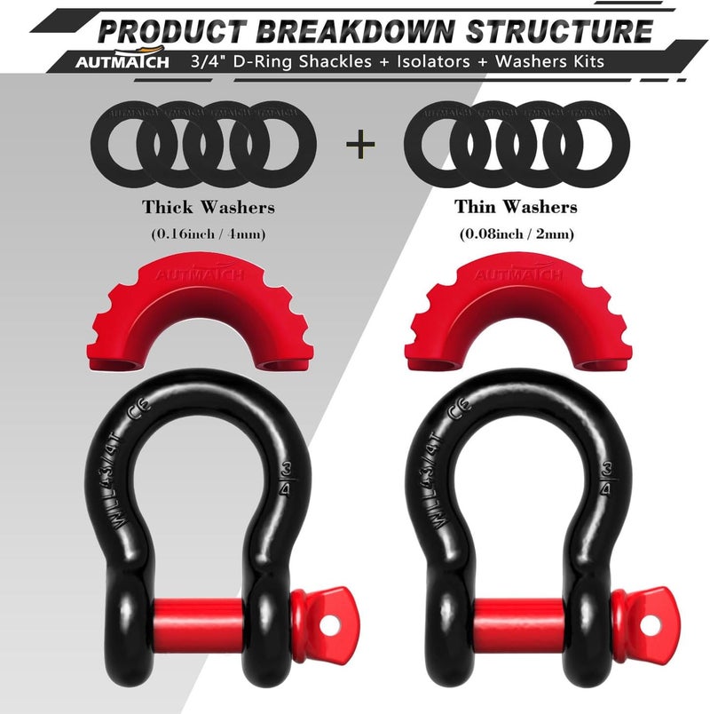 AUTMATCH D Ring Shackle 3/4" Shackles (2 Pack) 41,887Ibs Break Strength with 7/8" Screw Pin and Shackle Isolator Washers Kit for Tow Strap Winch Off Road Vehicle Recovery Black & Red - Image 2