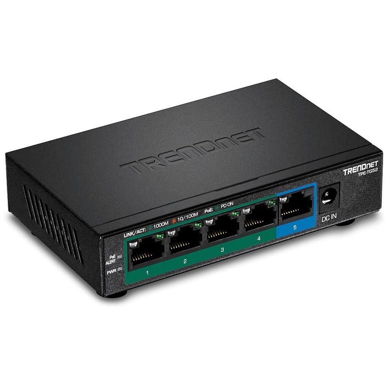 TRENDnet 5-Port Gigabit PoE+ Switch, 32W PoE Power Budget, 10Gbps Switching Capacity, IEEE 802.1p QoS, DSCP Pass-Through Support, Fanless, Wall Mountable, Lifetime Protection, Black, TPE-TG52 - Image 1