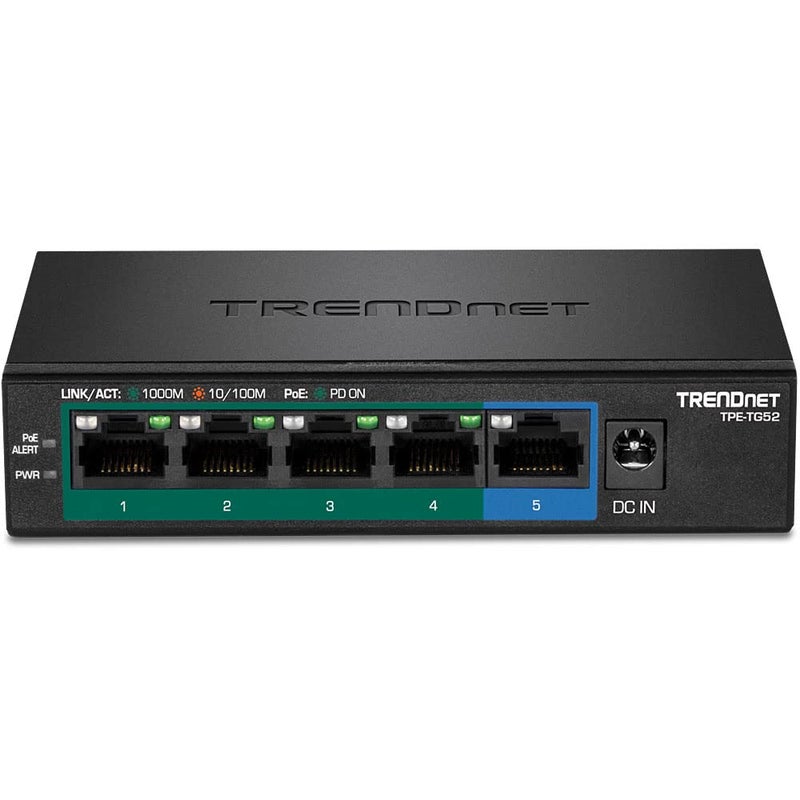 TRENDnet 5-Port Gigabit PoE+ Switch, 32W PoE Power Budget, 10Gbps Switching Capacity, IEEE 802.1p QoS, DSCP Pass-Through Support, Fanless, Wall Mountable, Lifetime Protection, Black, TPE-TG52 - Image 2