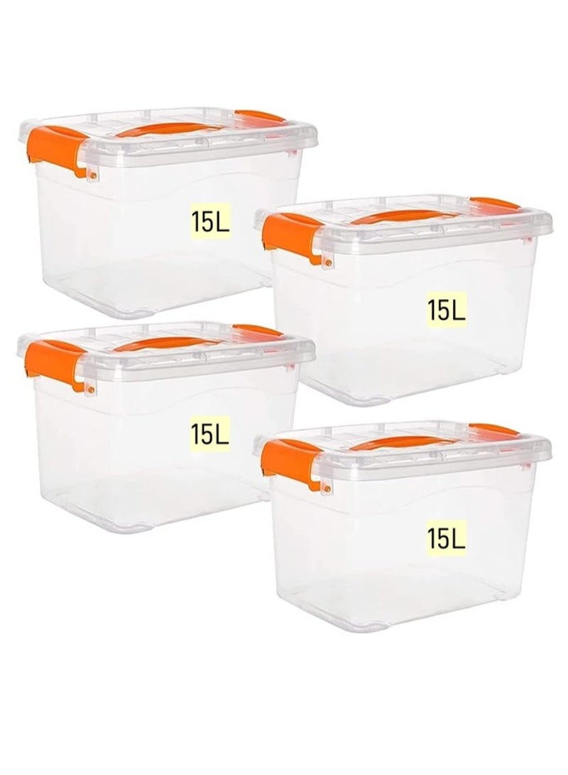 4pcs Plastic Storage Boxes, 15L Clear Stackable Containers With Lockable Lids, Clear Plastic Organizer – Transparent Box Storing Toys, Shoes, Kitchen Items, Snacks, Tools, Medicine  - Image 1