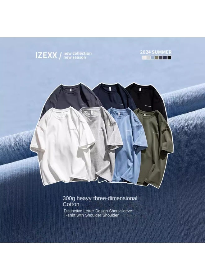 Izexx American 300g Heavy Solid Color Short Sleeve T-shirt Men's Fashion Brand Loose Summer All-match Base Shirt Plus Size Top - Image 3