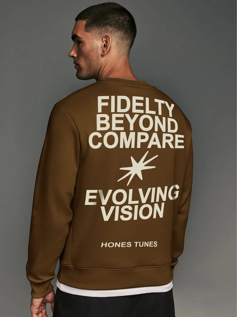 مانياك سويت شيرت مانياك رجالي مطبوع بياقة دائرية وأكمام طويلة، مقاس كبير، قطن فليس، بني وبيج