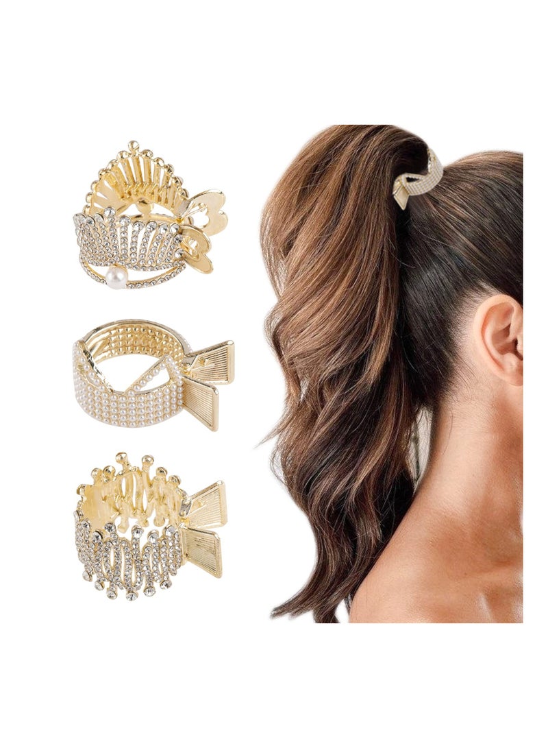 KASTWAVE Rhinestone Shark Hair Clips for High Ponytail, Hair Claws High Ponytail Clip Fixed Hairpin Claw Clip Advanced Sense Hair Fashionable Accessories for Women Girls Girlfriend, Gold (Pack of 3) - Image 1