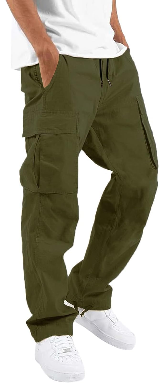 HUNGSON Mens Cargo Pants Drawstring Casual Hiking Pants Joggers Athletic Trousers Cotton Loose Straight Sweatpants for Men Army Green