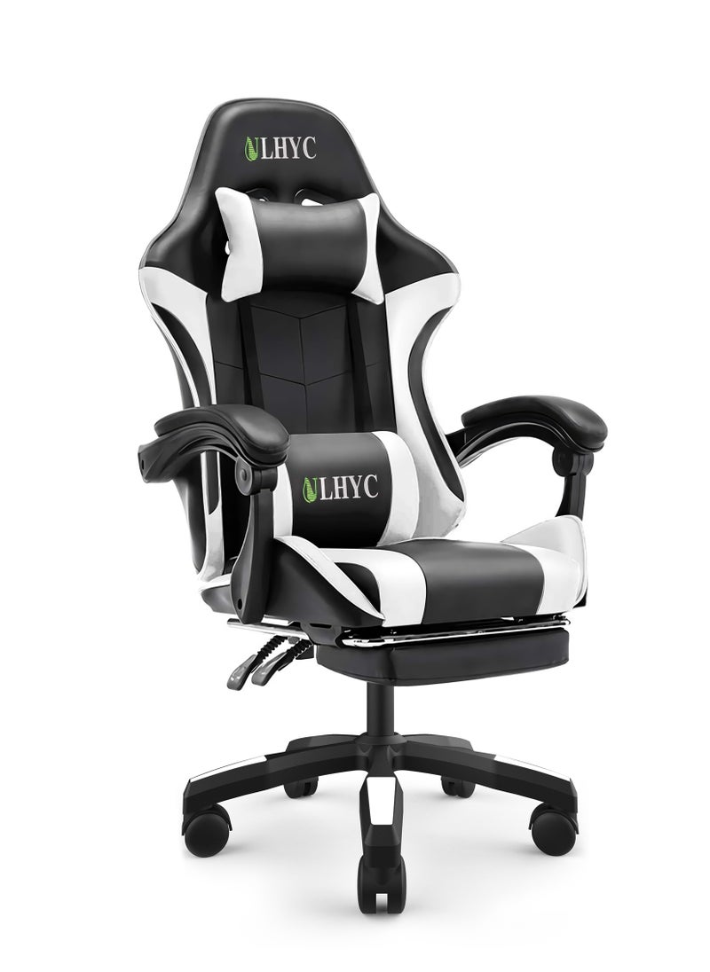 ULHYC Esports Gaming Chair, Adjustable Computer Chair, Computer Office, Pu Leather, High Backrest, Lumbar Support, Comfortable Armrests, Headrest With Footrest Black And  White  - Image 1