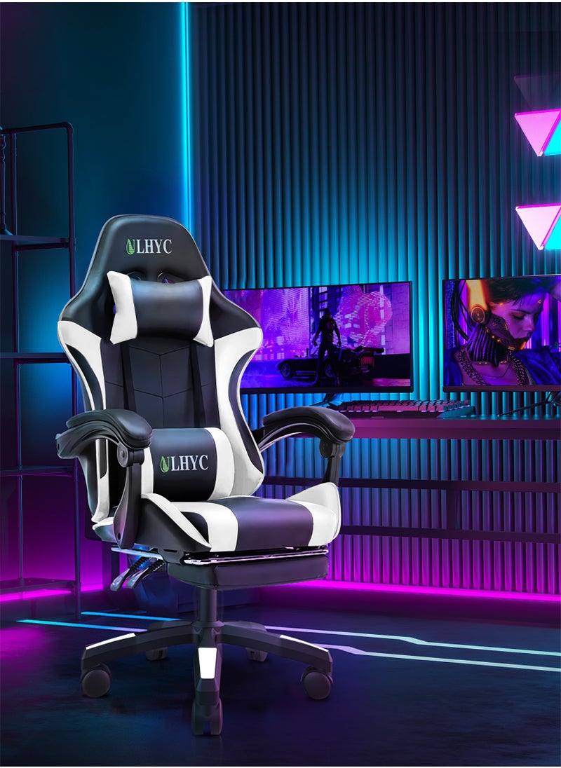 ULHYC - Esports Gaming Chair, Adjustable Computer Chair, Computer Office, Pu Leather, High Backrest, Lumbar Support, Comfortable Armrests, Headrest With Footrest Black And  White - Image 1