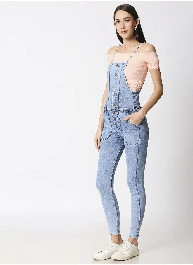 HIGH STAR Women Blue Washed Solid Slim-Fit Denim Dungarees