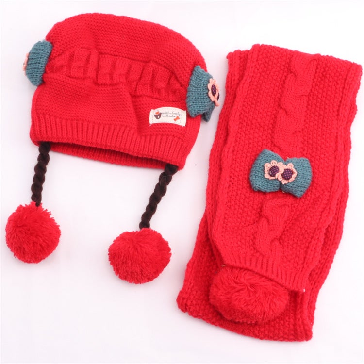 New Baby Knit Hat with Braids Winter Thickened Cap Rose + scarf  - Image 3