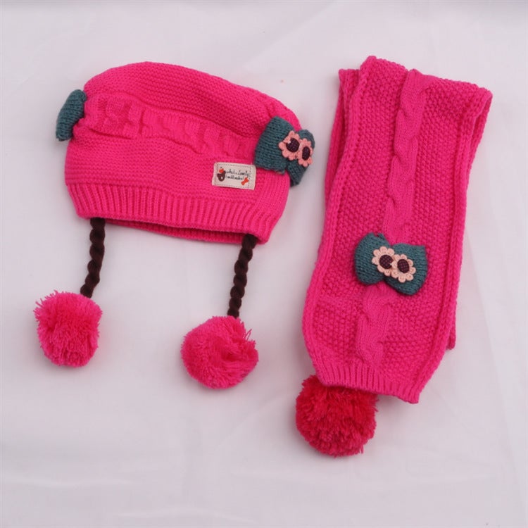 New Baby Knit Hat with Braids Winter Thickened Cap Rose + scarf  - Image 1