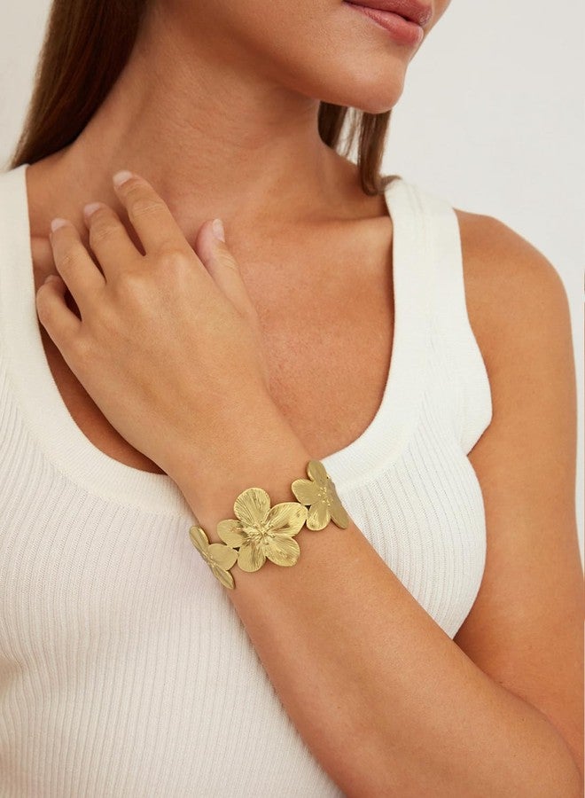 WOWORAMA Gold Flower Bracelet for Women Wide Floral Chunky Cuff Bracelets Vintage Boho Daisy Flower Bracelet Matte Gold Statement Bangle Bracelet - Image 5