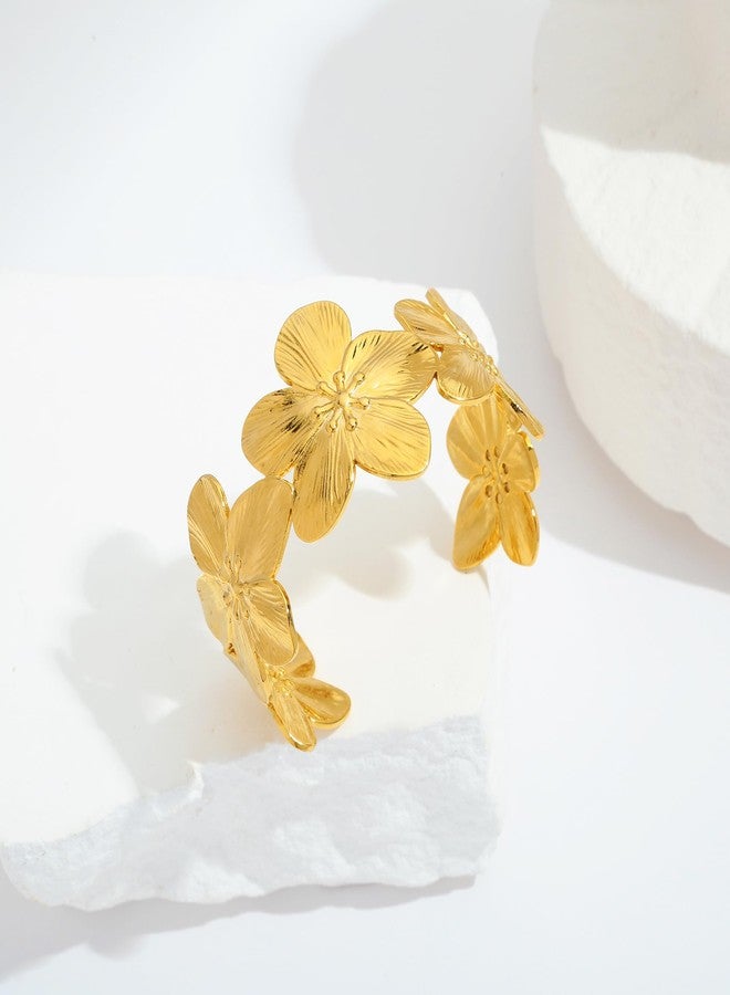 WOWORAMA Gold Flower Bracelet for Women Wide Floral Chunky Cuff Bracelets Vintage Boho Daisy Flower Bracelet Matte Gold Statement Bangle Bracelet - Image 2