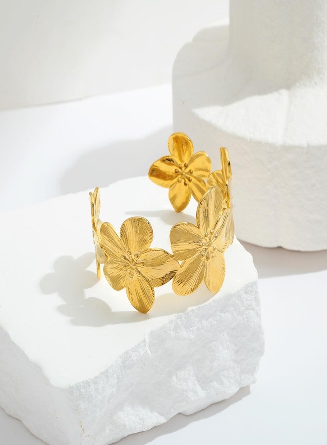 WOWORAMA Gold Flower Bracelet for Women Wide Floral Chunky Cuff Bracelets Vintage Boho Daisy Flower Bracelet Matte Gold Statement Bangle Bracelet - Image 3