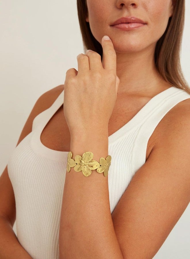 WOWORAMA Gold Flower Bracelet for Women Wide Floral Chunky Cuff Bracelets Vintage Boho Daisy Flower Bracelet Matte Gold Statement Bangle Bracelet - Image 4