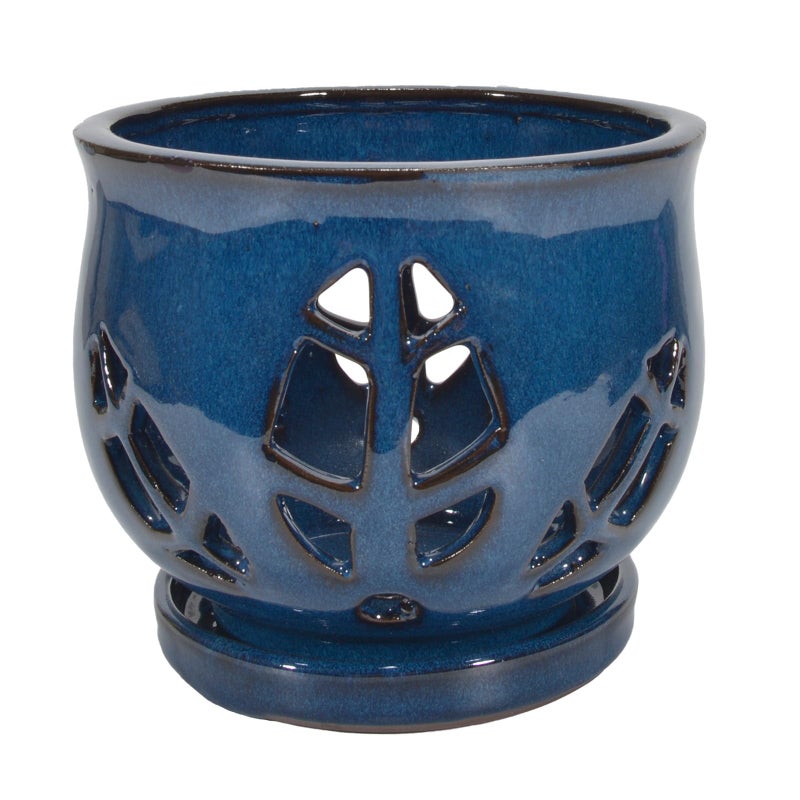 w w W&W Orchid Pot with Holes and Saucer for Repotting, Blue, 6.5" - Image 2