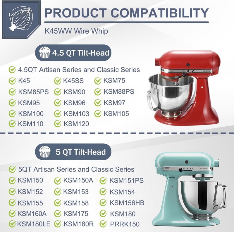 Kainasch ملحق خفاق من الفولاذ المقاوم للصدأ KN45WW ذو 6 أسلاك لخلاط KitchenAid بحجم وعاء 4.5 لترات، ملحق خفاق لاستبدال قطع غيار الخلاطات. - Image 2
