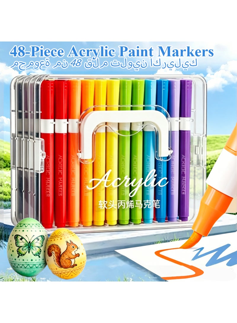 Bincoo 48 Pcs Double-sided Acrylic Paint Markers Set – Multi Surface Paint Pens for Rock Painting, Wood, Glass, Ceramic, Canvas & DIY Crafts – Assorted Colors, Hand-Painted, Vibrant Waterproof Acrylic Markers for Artists, Kids, Students, Ideal for Kindergarten Learning Supplies - Image 1