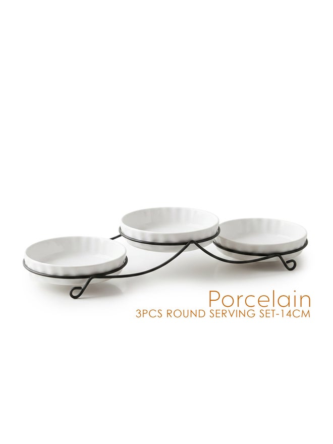 Shallow 3-Piece Round Porcelain Bowl Set with Metal Stand, 14cm - Image 5