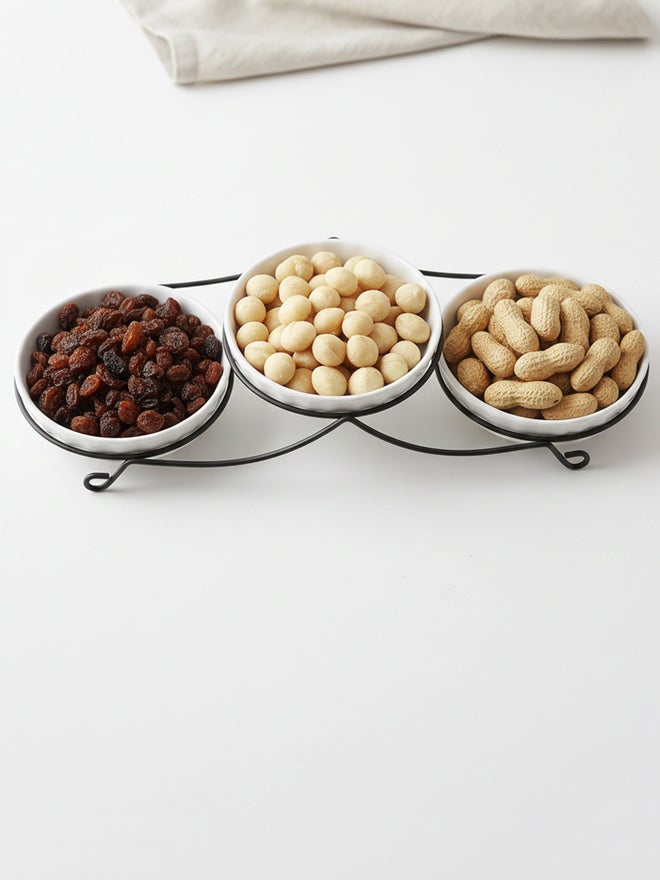 Shallow 3-Piece Round Porcelain Bowl Set with Metal Stand, 14cm - Image 3