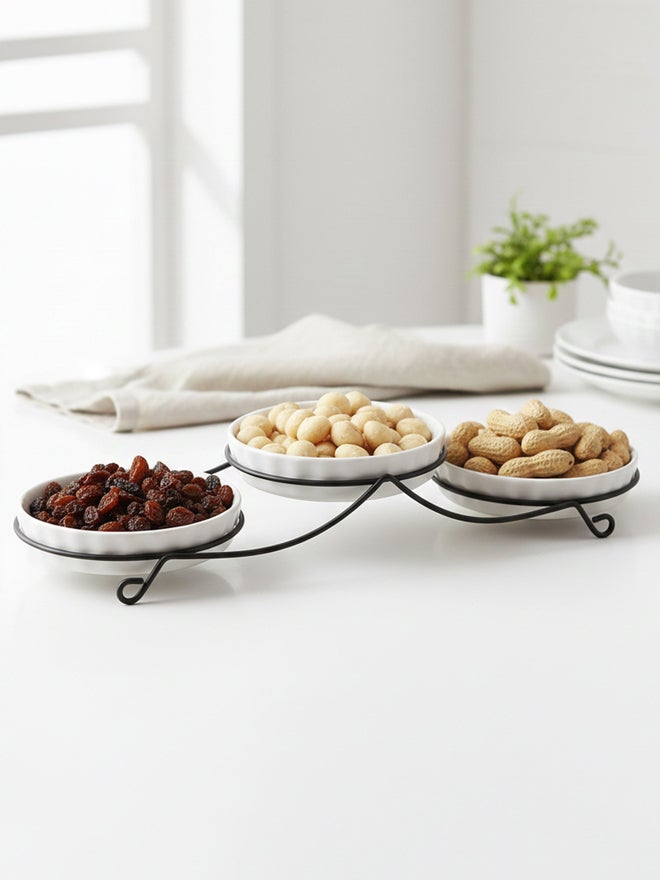 Shallow 3-Piece Round Porcelain Bowl Set with Metal Stand, 14cm - Image 2
