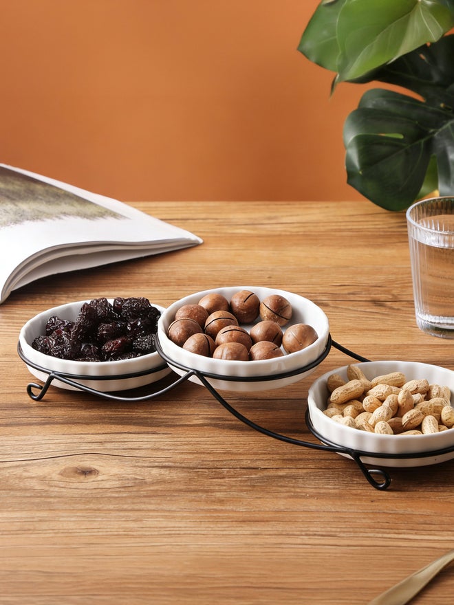 Shallow 3-Piece Round Porcelain Bowl Set with Metal Stand, 14cm - Image 4
