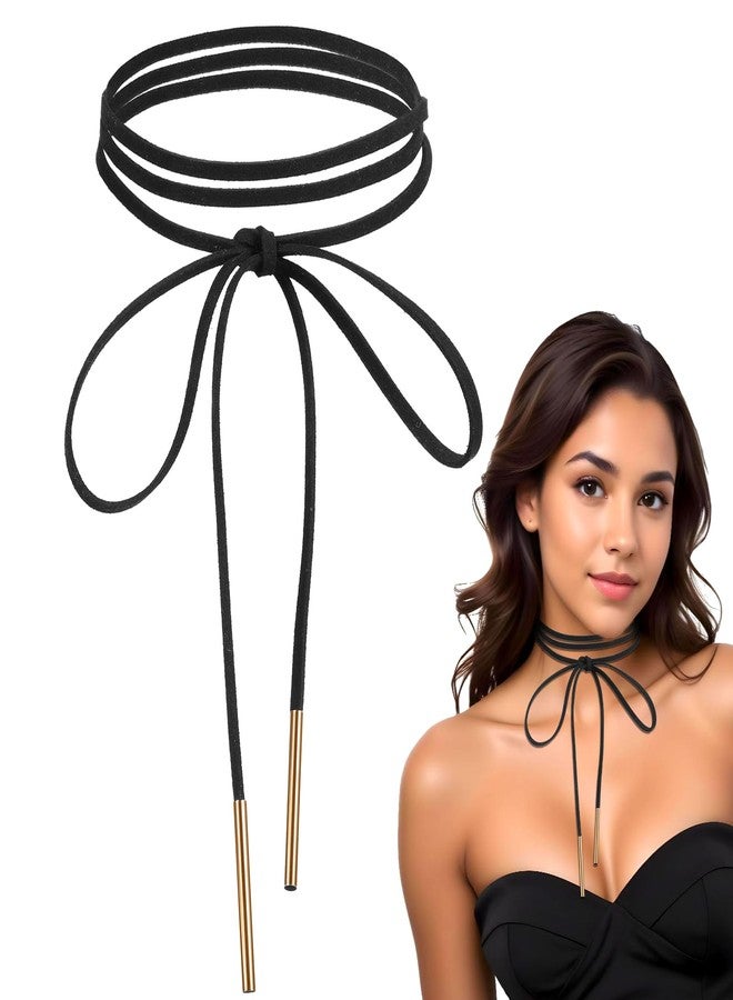 YQQYG 1 Pcs Black Choker Necklace for Women, Gothic Bow Choker, Velvet Choker with Gold Tube, Neck Chokers Long Wrap Rope Collar Tie Neck Chain, Neck Accessories for Party Prom - Image 3