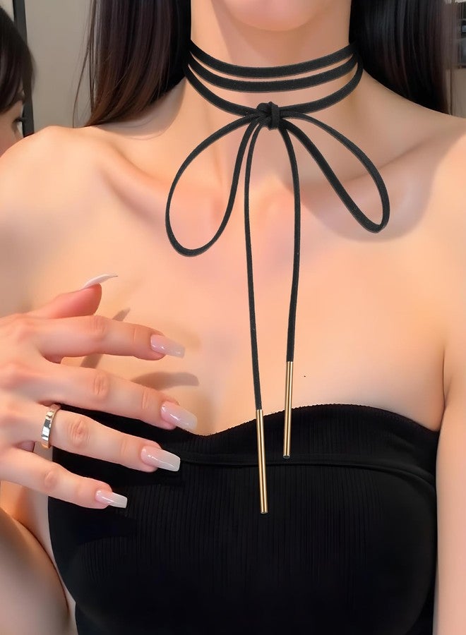 YQQYG 1 Pcs Black Choker Necklace for Women, Gothic Bow Choker, Velvet Choker with Gold Tube, Neck Chokers Long Wrap Rope Collar Tie Neck Chain, Neck Accessories for Party Prom - Image 5