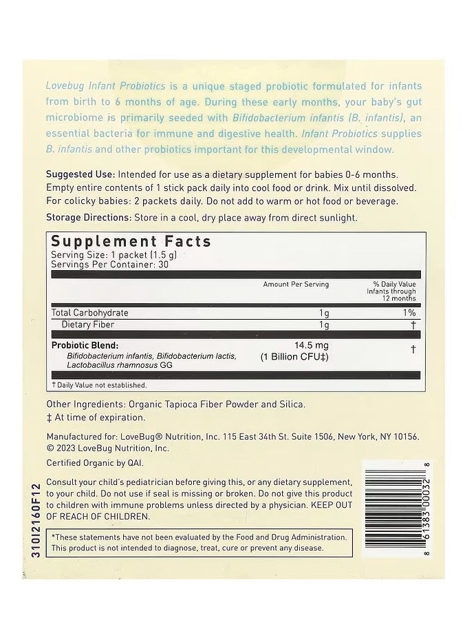 LoveBug Probiotics - Infant Probiotics, 1 Billion CFU, 30 Single Serve Stick Packs, 0.05 oz (1.5 g) Each - Image 1