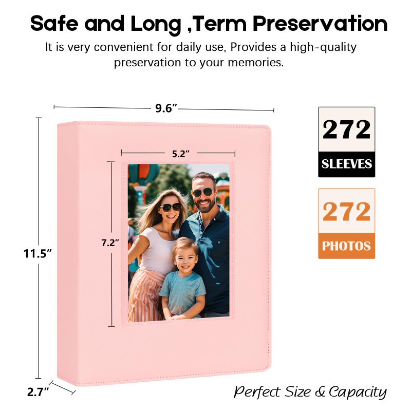 AEVDOR 272 POCKETS PHOTIONAL ألبوم 5 × 7 يحمل 272 صورًا زائدة من جلدي كبير السعة الجلدية ألبوم صور 5 × 7 مع نافذة أمامية لالتقاط عائلة صور طفل 5 × 7 مع صفحات أسود داخلية وردية - Image 5