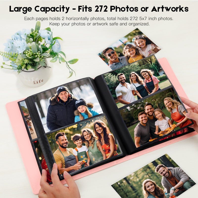 AEVDOR 272 POCKETS PHOTIONAL ألبوم 5 × 7 يحمل 272 صورًا زائدة من جلدي كبير السعة الجلدية ألبوم صور 5 × 7 مع نافذة أمامية لالتقاط عائلة صور طفل 5 × 7 مع صفحات أسود داخلية وردية - Image 2