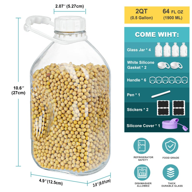 Ritayedet 4 Pack 64 Oz Heavy Duty Glass Milk Bottle with 1 Silicone Spout and 5 Reusable Airtight SCREW LID, 2 Qt Glass Water Bottle with 2 Exact Scale Lines - Milk/Juice Jug Pitcher - Image 4