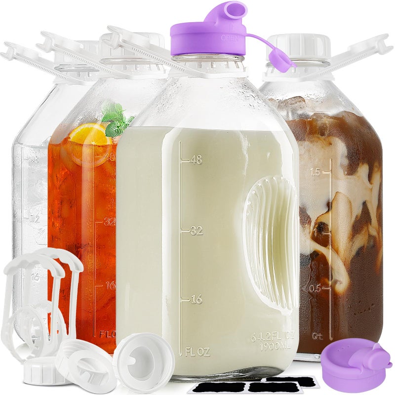 Ritayedet 4 Pack 64 Oz Heavy Duty Glass Milk Bottle with 1 Silicone Spout and 5 Reusable Airtight SCREW LID, 2 Qt Glass Water Bottle with 2 Exact Scale Lines - Milk/Juice Jug Pitcher - Image 1