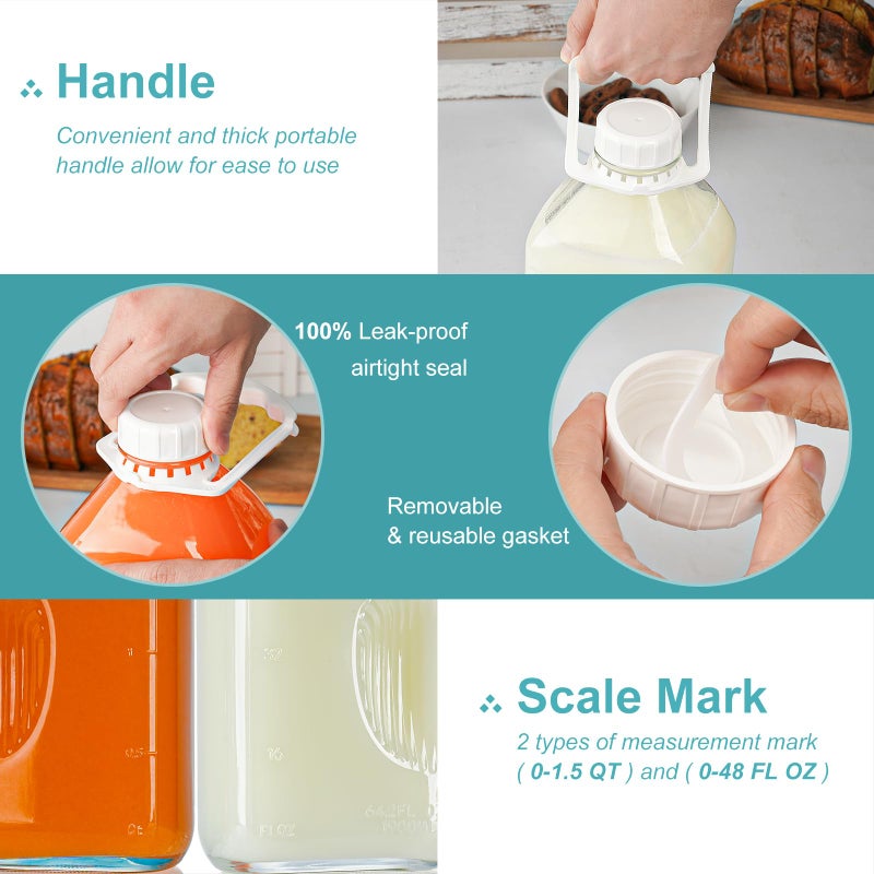 Ritayedet 4 Pack 64 Oz Heavy Duty Glass Milk Bottle with 1 Silicone Spout and 5 Reusable Airtight SCREW LID, 2 Qt Glass Water Bottle with 2 Exact Scale Lines - Milk/Juice Jug Pitcher - Image 2