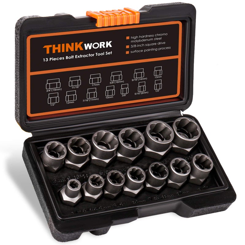THINKWORK Bolt Extractor Kit, 13+1 Pieces Nut Extractor Socket Set, 3/8" Drive Rounded Bolt Remover, Lug Nut Removal Tool for Damaged, Rusted, Rounded-Off, Stripped Fasteners - Image 1